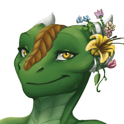 A green humanoid dragon with flowers tied to her horn